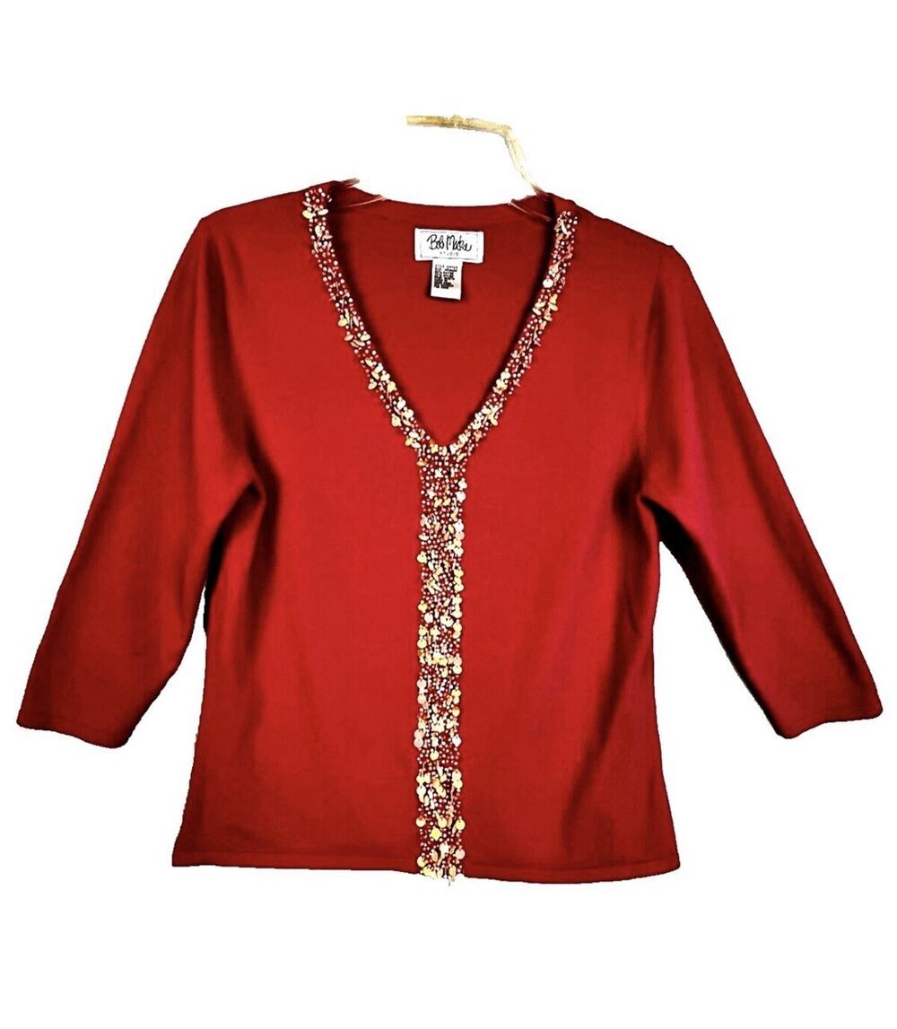 Bob Mackie Studio Designer Knit Top Beaded Sequin Party Night Out Women Med